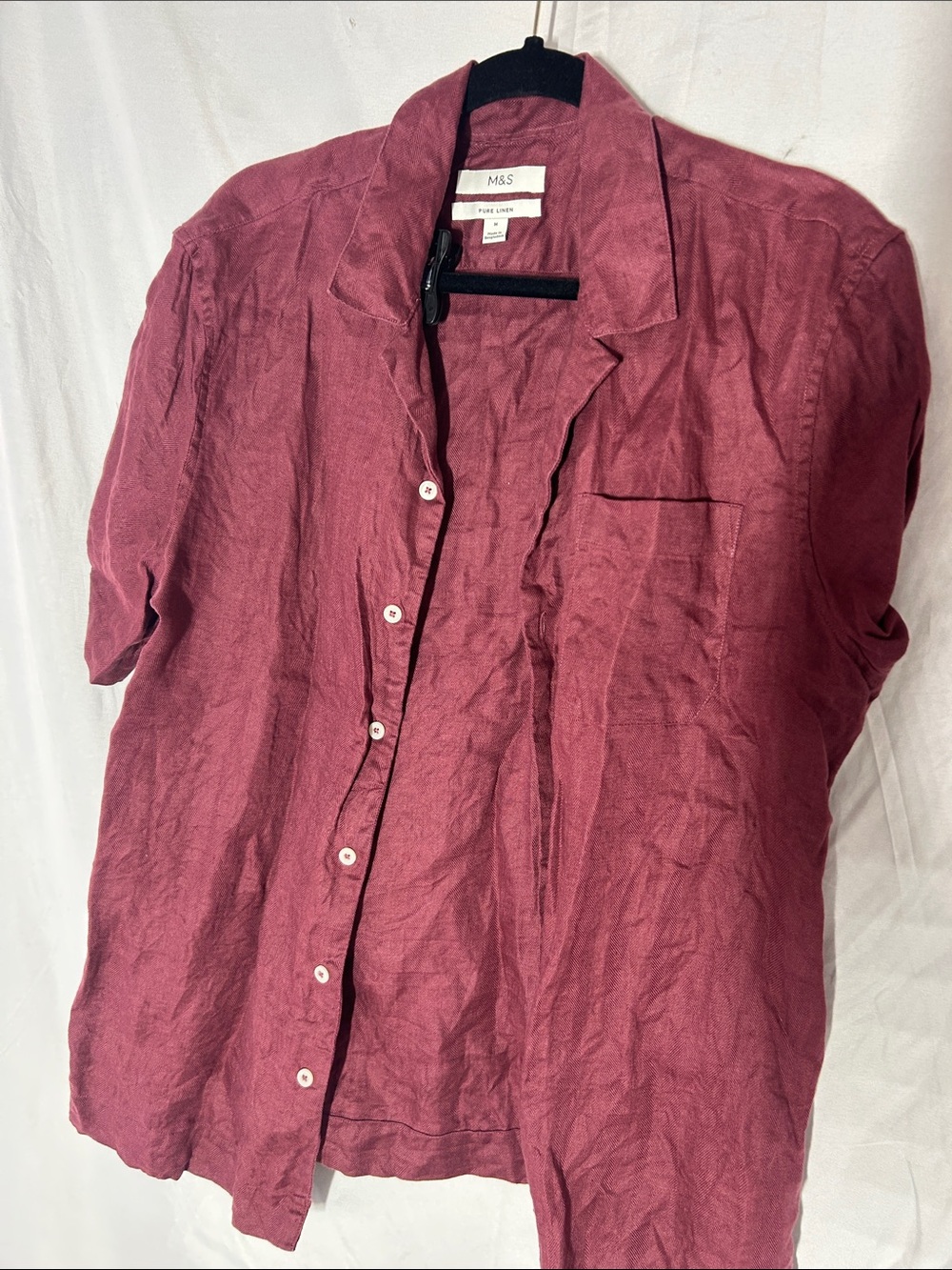 Men's Short-Sleeve Burgundy Linen Button-Down Shirt